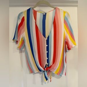 Rainbow linen button up cropped shirt size medium